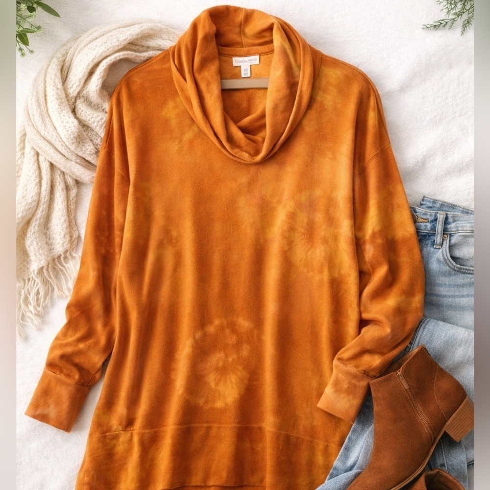 Garnet Hill Tie Dye Cowl Neck Tunic Orange Jersey Knit Relaxed Top Medium